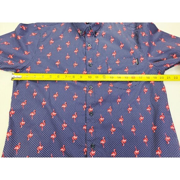 Molokai Medium Men Navy White Polka Dots Flamingo Short Sleeve Button Down Shirt - Picture 3 of 11